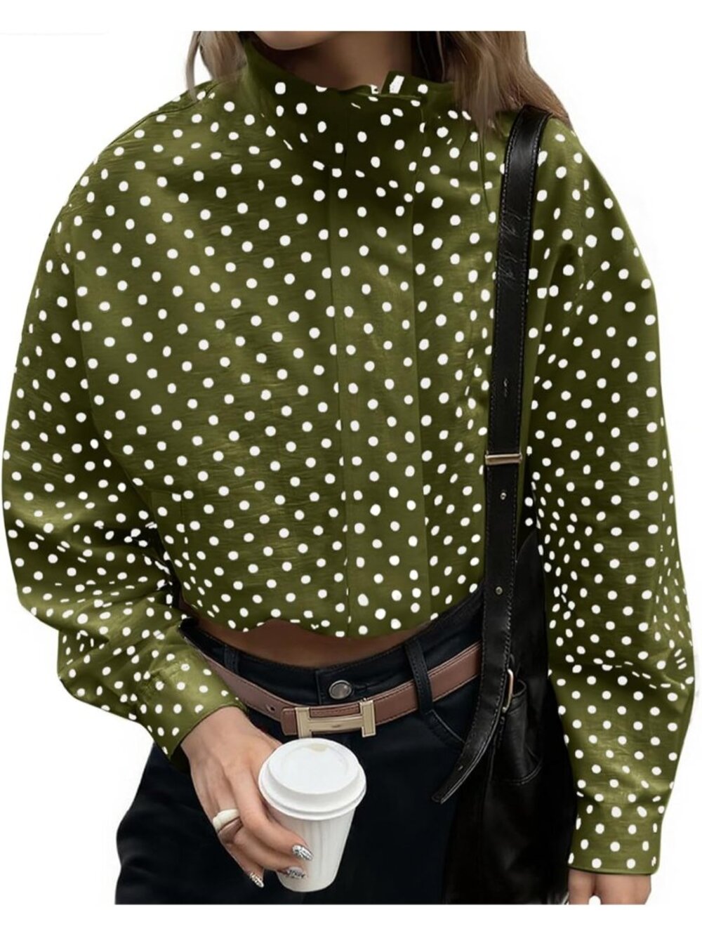Women’s Army Green Polka Dot Lightweight Lapel Collar Coat ZIP Up Cropped Jacket